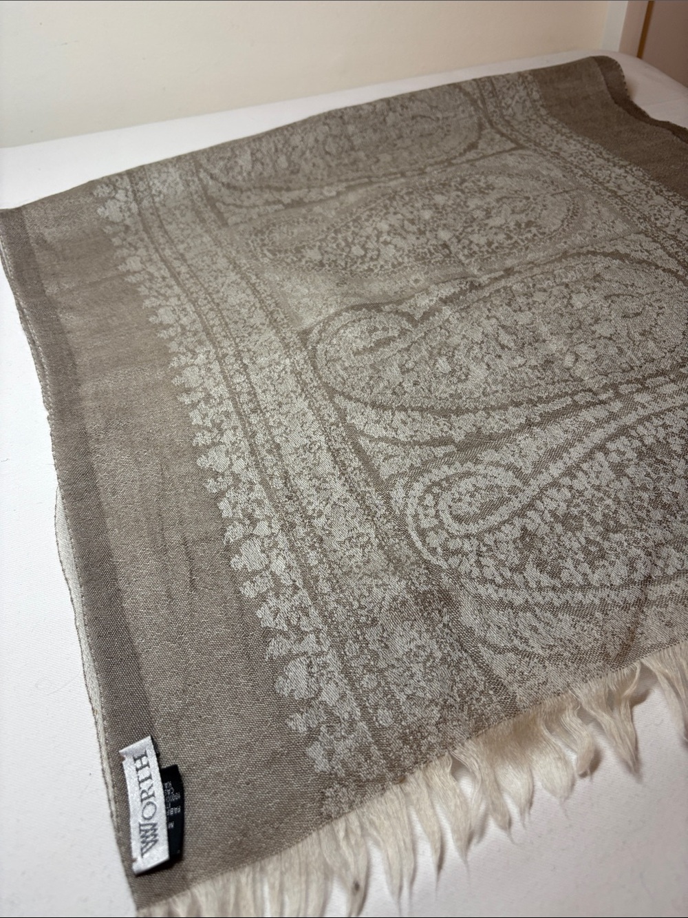 Worth Taupe Paisley Fringe Fine Weave Cashmere Shawl 36”x 68”
